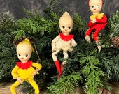 Vintage Skinny Christmas Elves, Set of 3 Pixie Elf Ornaments, Set 3 Christmas Elves, Vintage Pixie Elf Ornaments