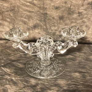 Vintage Etched Double Arm Candelabra, Candleholder, Vintage Crystal Candelabra