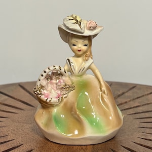 Vintage Josef Originals Planter Figurine, Rare Josef Planter, California Originals, Josef Planter Girl With Bonnet, Brown and Green Dress