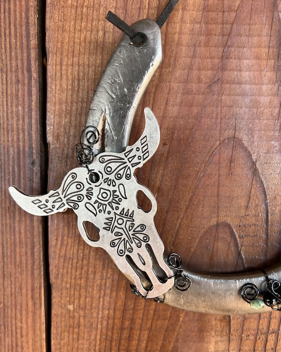 Beaded Horseshoe, Decorative Horseshoe, Silver Cow Skull Pendant