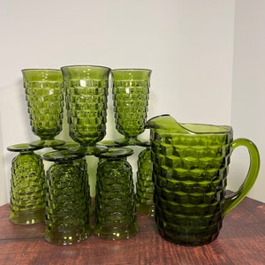 Vintage Whitehall Colony Green Glass Cubist Water Goblets and Pitcher, Footed Tumbler, Set of 9 Green Glass Goblets, Indiana Glass Company