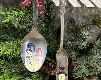 Hand Painted Snowman Christmas Spoon and Knife Ornaments, Unique Christmas Ornament, Primitive Snowman, Set of 2 Ornaments