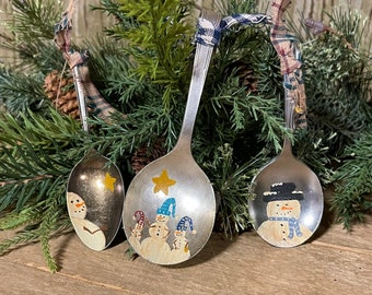 Hand Painted Snowman Christmas Spoon Ornament, Unique Christmas Ornament, Primitive Snowman, Repurposed Measuring Spoon, Set of 3 Ornaments