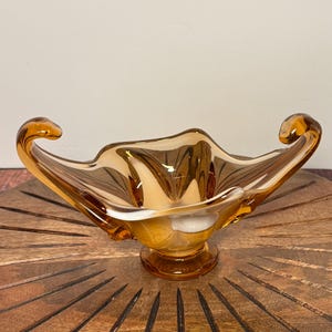 Vintage Hand Blown Glass Art Bowl Vase, Amber and White Boat Shaped Dish, Hand Blown Glass, Amber Glass Footed Bowl, Curled Handles