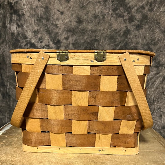 Vintage Picnic Basket, Wood Slat Basket, Basket with … Gem