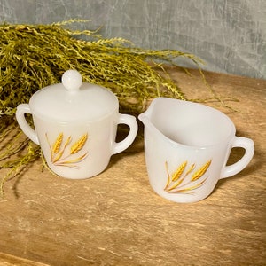 Vintage Fire King Milk Glass Wheat Pattern Sugar and Creamer Set image 10