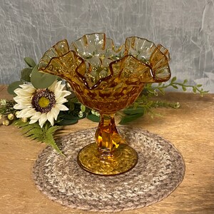 Vintage Amber Fenton Thumbprint Ruffled Edge Compote