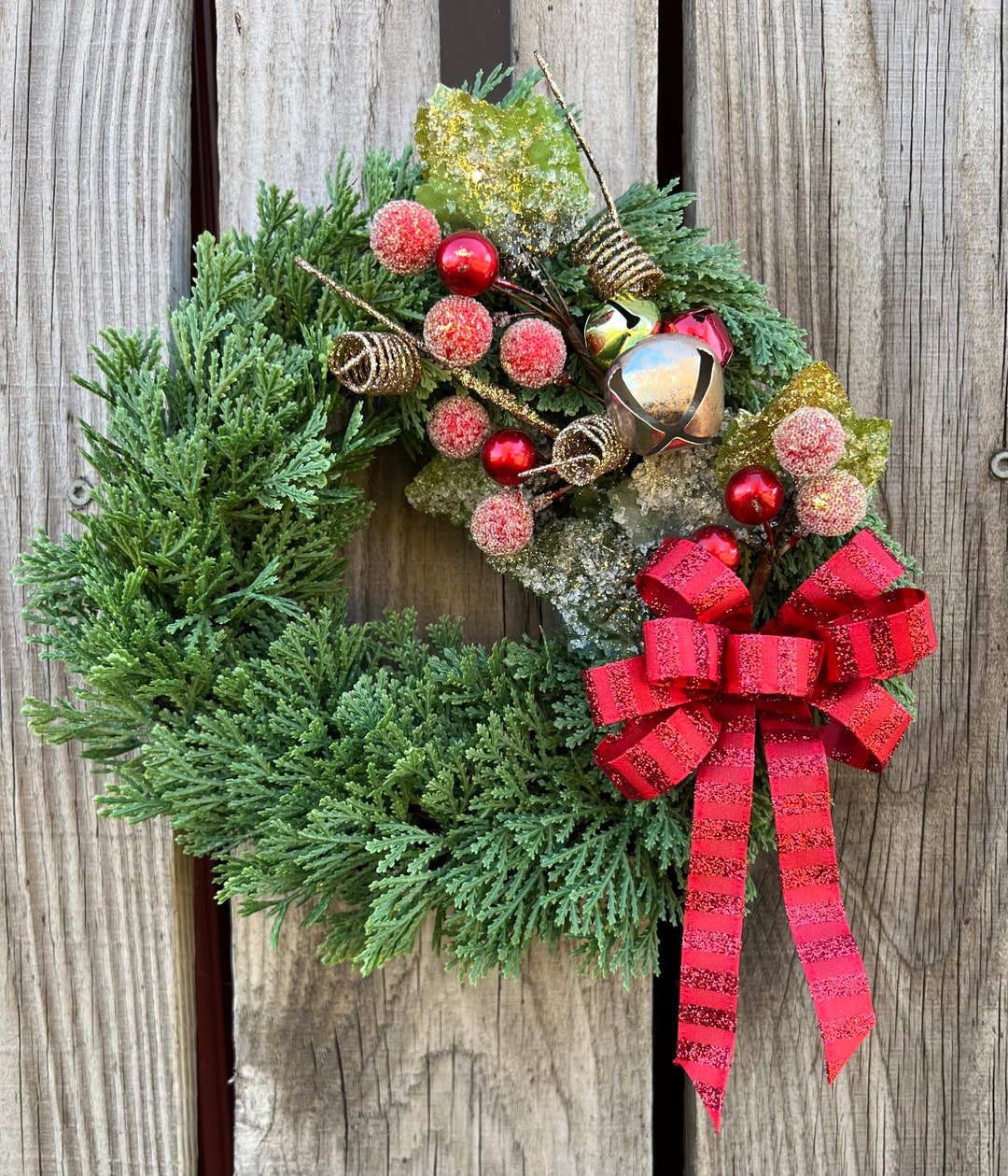 Christmas Wreath, Greenery Wreath With Red Berry Accent Pick, Bells and