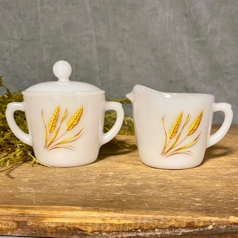 Vintage Fire King Milk Glass Wheat Pattern Sugar and Creamer Set image 2