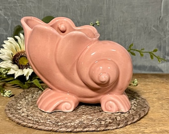 Vintage Art Pottery Pink Footed Shell Vase, Conch Shell Planter With Scroll Footed Base