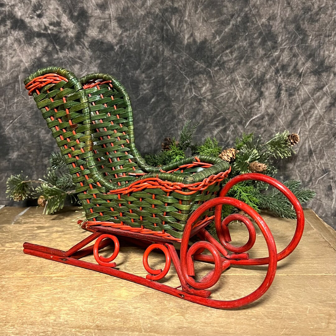 Vintage Green and Red Wicker Sleigh, Vintage Christmas Decor, Vintage