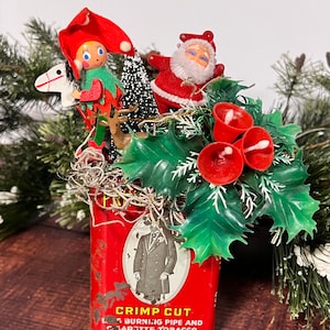 Vintage Christmas Decor, Miniature Flocked Santa Claus, Elf, Vintage Inspired, Holiday Decor, Diorama, Assemblage,  Unique, Handmade