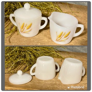Vintage Fire King Milk Glass Wheat Pattern Sugar and Creamer Set image 9