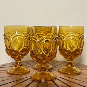 Vintage Amber Moon and Stars Water Goblets by LE Smith, Set of 4 Vintage Amber Goblets
