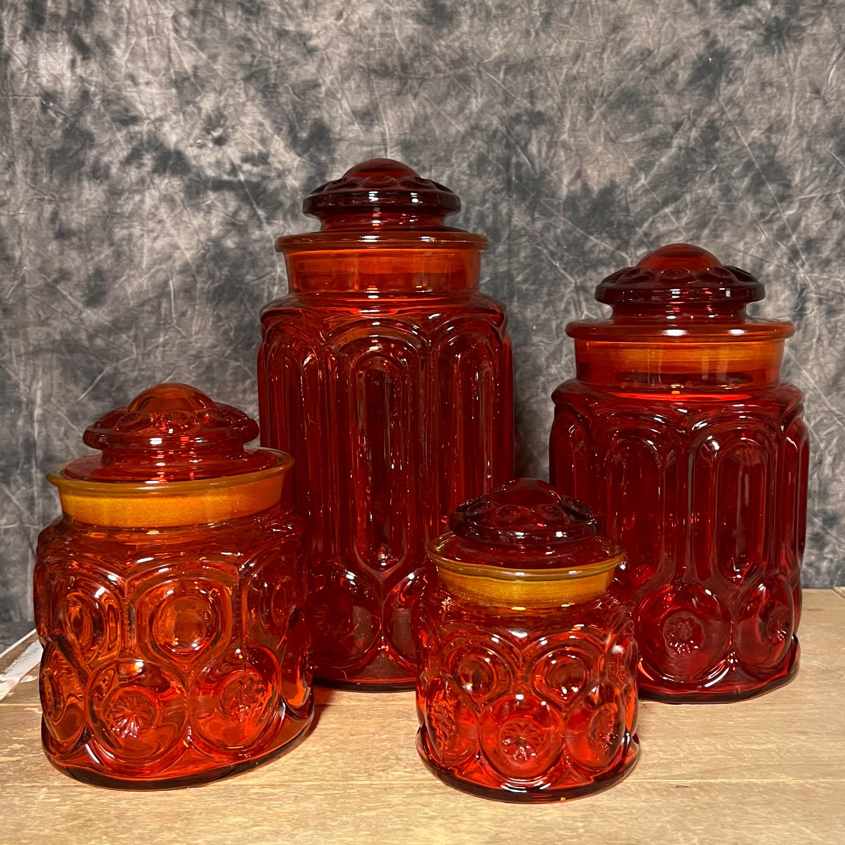 Vintage LE Smith Red Moon and Stars Glass Canisters, Set of 4 Red
