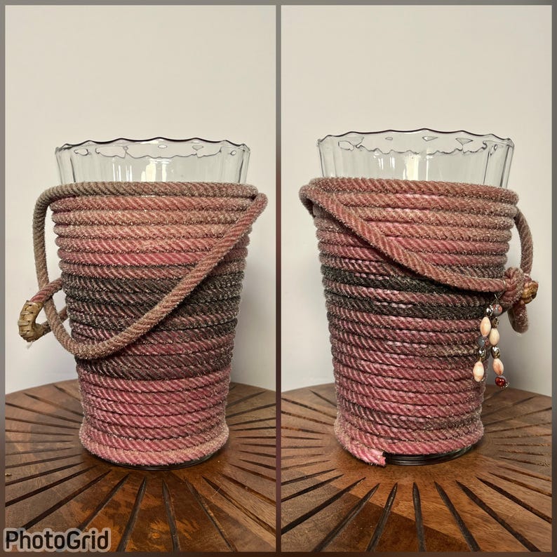 Decorative Vase Using Rope Lariat Rope Wrapped Glass Vase, Anchor Hocking Glass Vase, Pink Vase ...