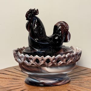 Rare Vintage MCM Imperial Purple Black Slag Rooster on Nest, Purple Slag Rooster Covered Glass Dish, Lattice Edge Slag Candy Dish