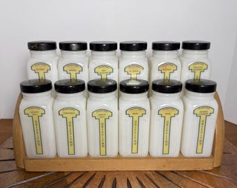 Griffith's Spice Jars With Rack, Set of 12, Brown and Milk Glass