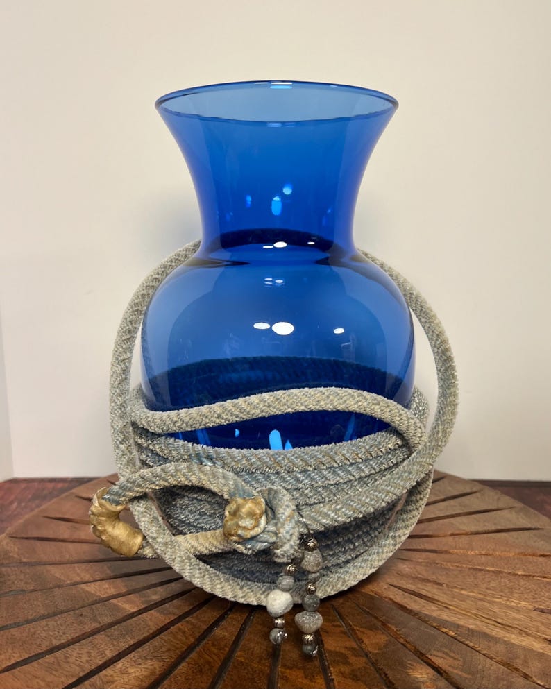 Lariat Rope Wrapped Blue Glass Vase, Lariat Vase, Blue Vase, Spring ...