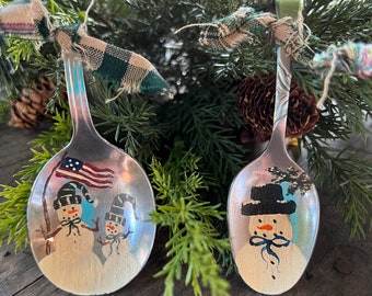 Hand Painted Snowman Christmas Spoon Ornament, Unique Christmas Ornament, Primitive Snowman, Set of 2 Ornaments