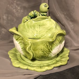 Vintage Cabbage Dish with Worm, Lidded Ceramic Cabbage, Hand Painted Holland Mold