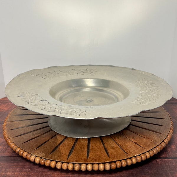 Vintage Hammered Aluminum Lazy Susan, Hand Wrought Aluminum Turning Tray, Large Round Raised Floral Pattern Lazy Susan