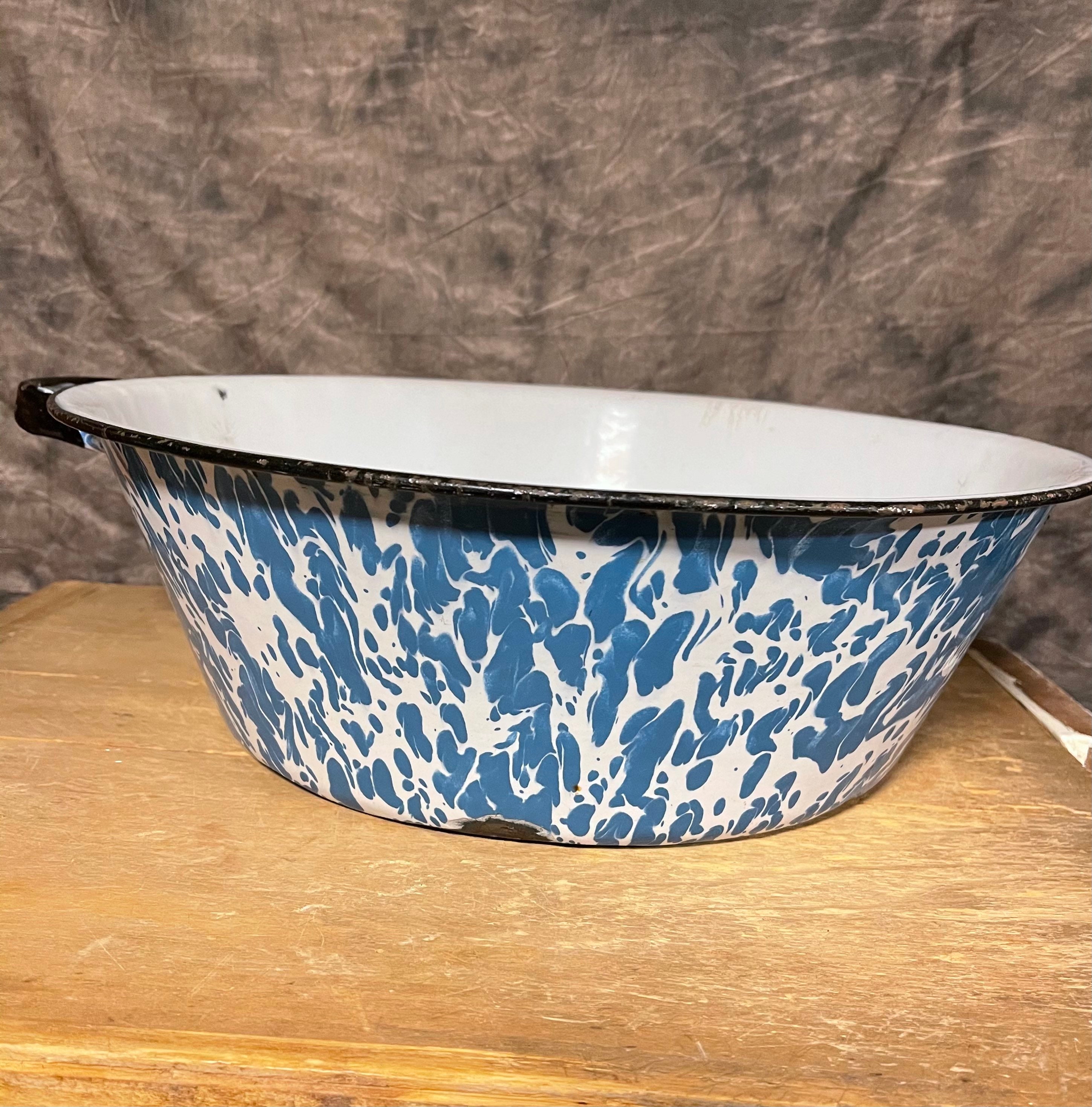 Vintage Enamelware Large Round Dish Pan Blue and White Marble Etsy