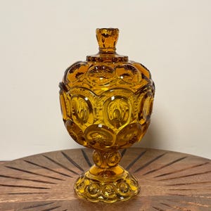 Vintage LE Smith Amber Glass Moon and Stars Pedestal Covered Candy Dish, Amber Moon and Stars, Pedestal Candy Dish with Lid