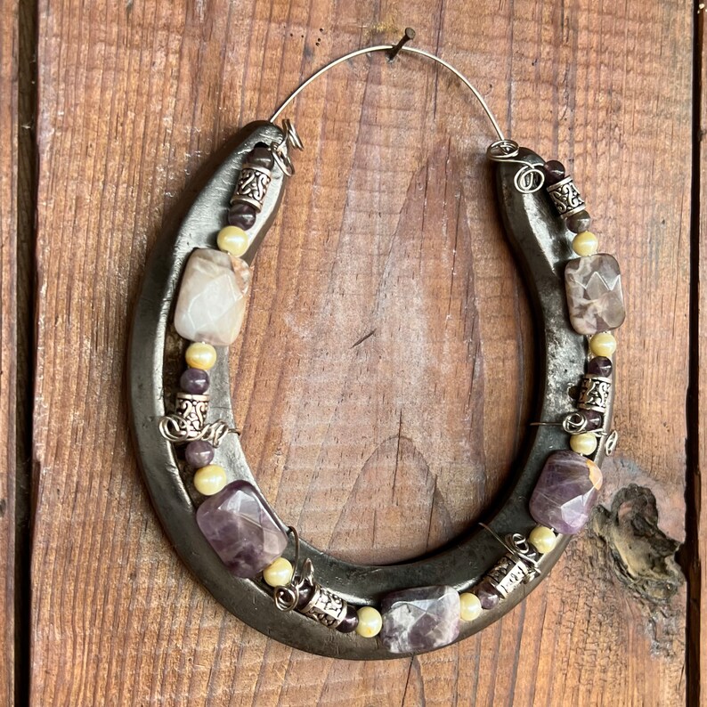 Beaded Horseshoe Purple Marbled Beads Pearl Beads Silver Etsy