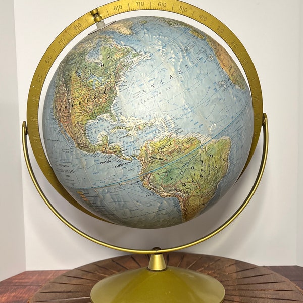 Vintage Replogle Land and Sea Globe, 12 Inch Raised Relief Swivel Stand World Globe