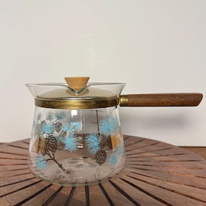 Vintage Libbey and Douglas Flameproof Glass Coffee Pot, MCM Glass Coffee Server, Turquoise and Gold Pinecone Pattern