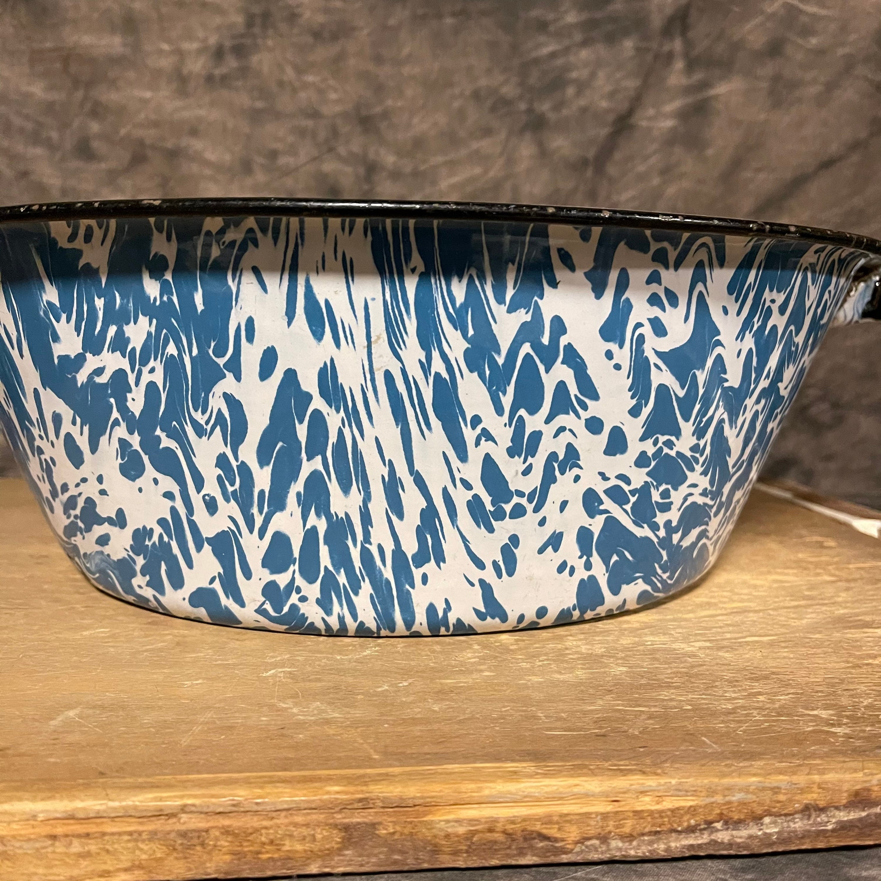 Vintage Enamelware Large Round Dish Pan Blue and White Marble Etsy