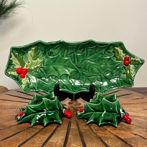 Holly and Berry Tray and Candlesticks, Atlantic Mold Holly Berry Decorative Tray and Candle Holders, Vintage Christmas Decor