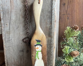 Hand Painted Snowman Wooden Spatula Christmas Ornament, Unique Christmas Ornament, Primitive Snowman, Repurposed