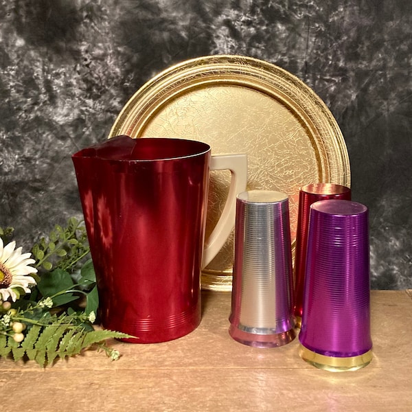 Vintage West Bend Anodized Aluminum Red Pitcher Set, Pitcher with 6 Glasses and Tray, Aluminum Tumbler Set