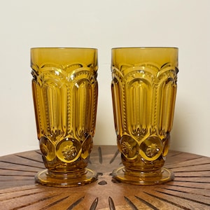 Rare HTF Vintage Amber Moon and Stars Tumblers by LE Smith, Set of 2 Vintage Glass Amber Ice Tea Glasses