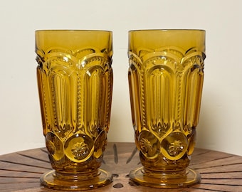 Vintage Amber Moon and Stars Water Goblets by LE Smith, Set of 4