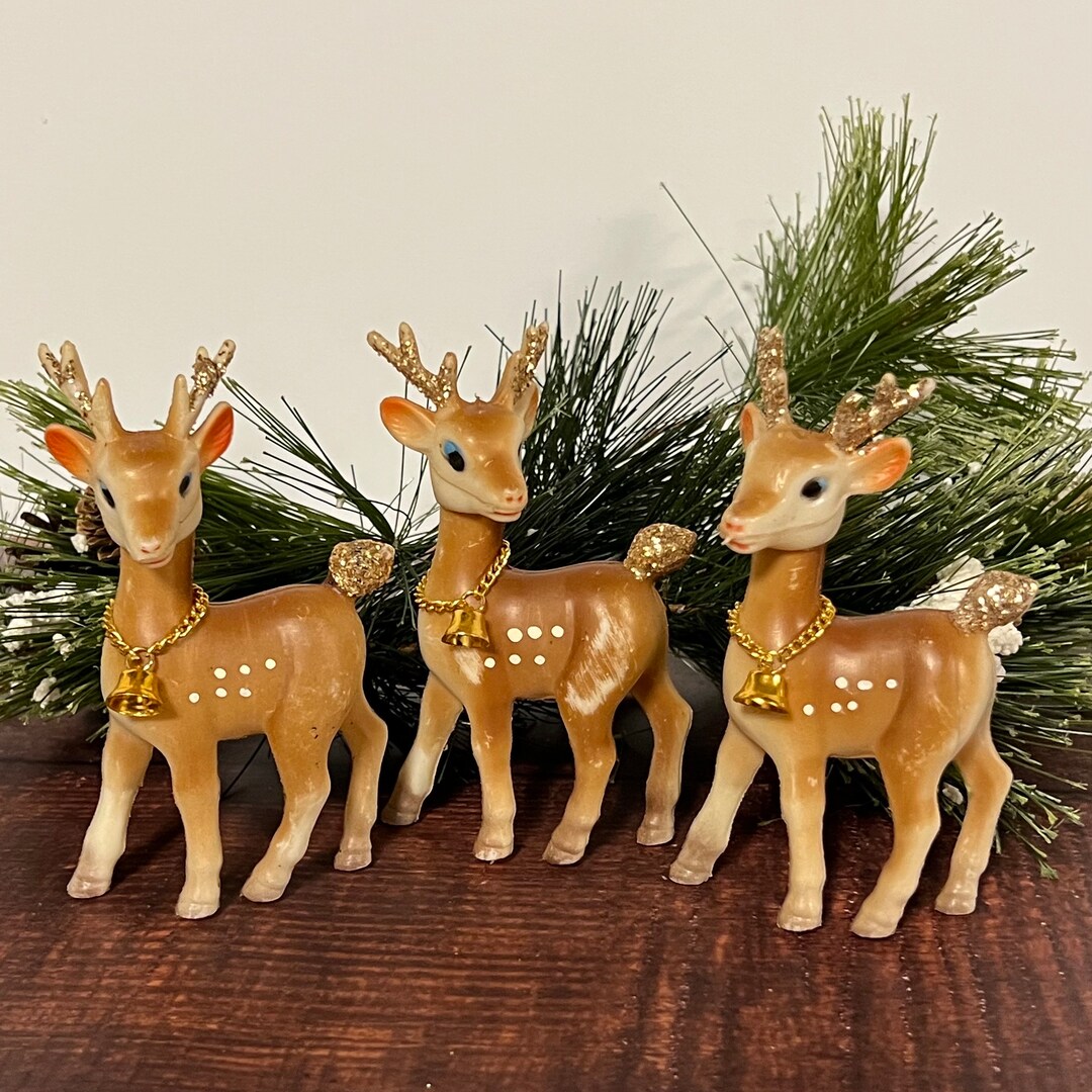 Vintage Reindeer Christmas Decor, Set of Swivel Head Rubber Deer