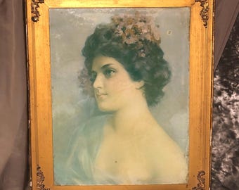 Rare Antique Watercolor Print of Lady by Oswald Richter, Portrait of Lady, Dated 1900