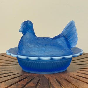 Rare Vintage MCM Mosser Frosted Blue Hen on Nest, Mosser Satin Blue Slag Nesting Hen Covered Glass Dish, Matte Blue Split Tail Hen