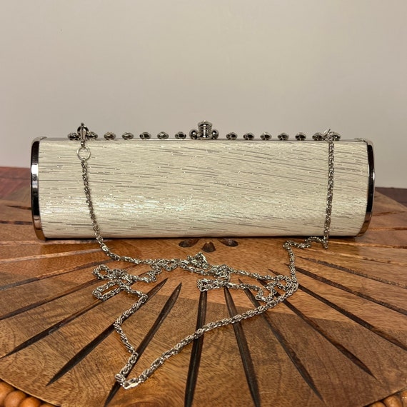 Vintage Evening Bag, White, Silver and Rhinestone… - image 2