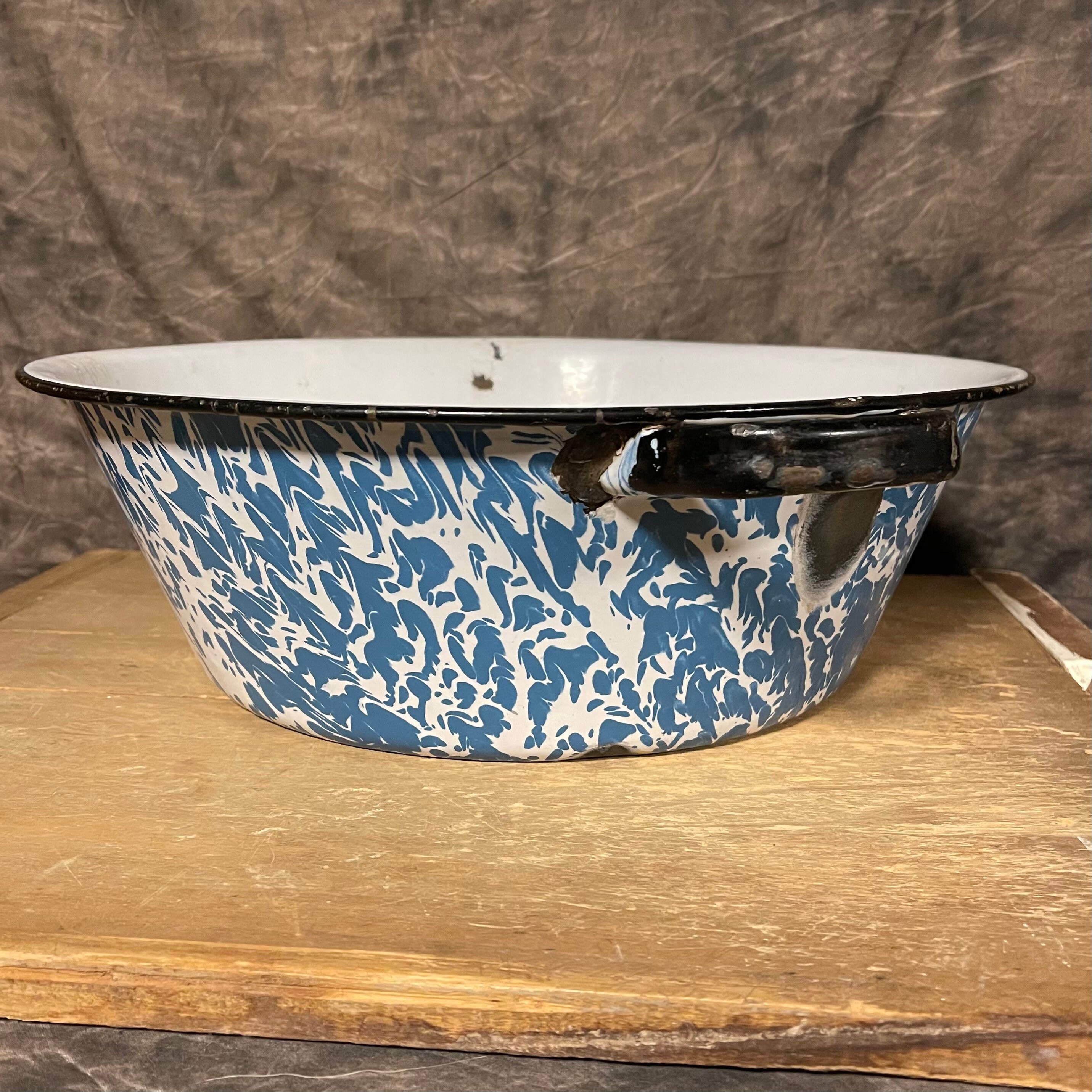 Vintage Enamelware Large Round Dish Pan Blue and White Marble Etsy