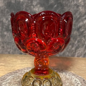 Vintage LE Smith Amberina Moon and Stars Footed Compote Pedestal Dish, Amberina Compote