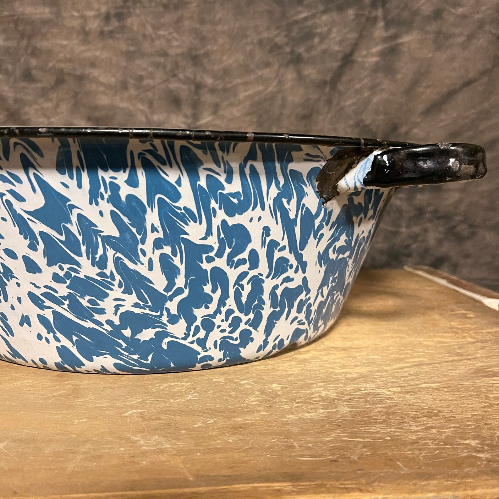 Vintage Enamelware Large Round Dish Pan Blue and White Marble Etsy