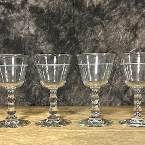 Vintage Cordial Liquor Stem Glasses, Etched Cocktail Stemware, Set of 4 Etched Ring Bubble Ball Stem Barware