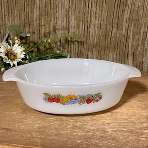 Vintage Anchor Hocking Ovenware Oval Milk Glass Casserole Dish, Nature’s Bounty Fruit Pattern Oval Dish