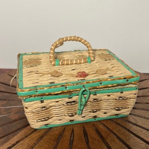 Vintage Child’s Sewing Basket, Wicker Style Sewing Basket, Small Woven Sewing Box