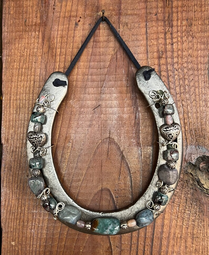 Beaded Horseshoe Gray Blue Green Marbled Beads Silver Heart Etsy