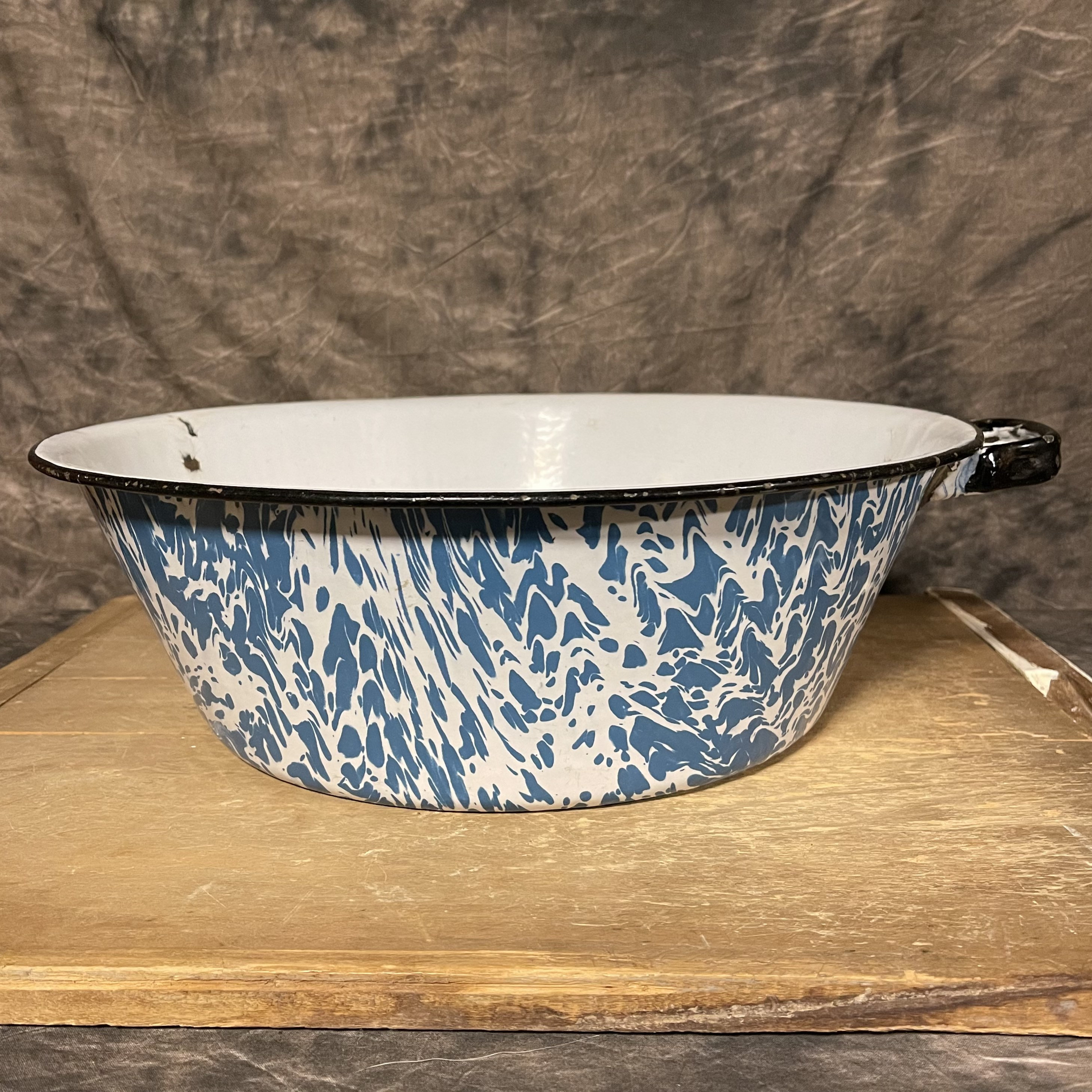 Vintage Enamelware Large Round Dish Pan Blue and White Marble Etsy