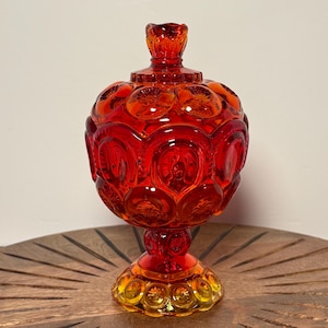 Vintage LE Smith Amberina Glass Moon and Stars Covered Candy Dish, Amberina Moon and Stars, Pedestal Candy Dish with Lid